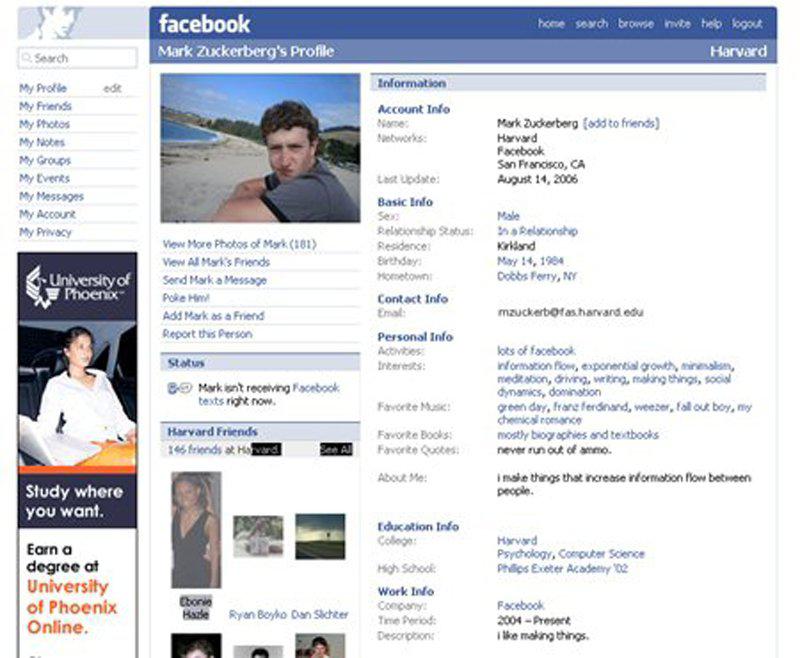 Το προφίλ του Marck Zuckerberg το 2006