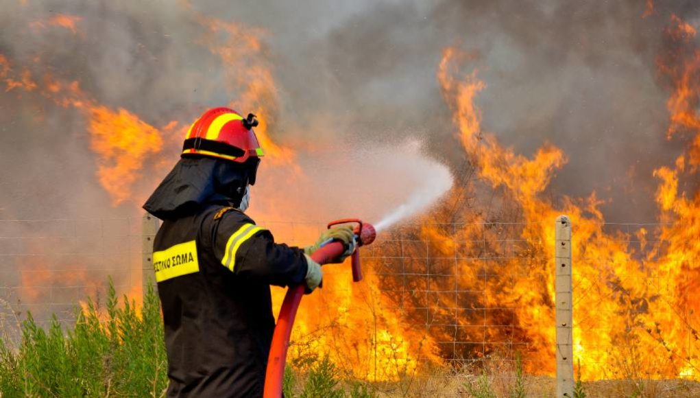 Πυροσβέστης επιχειρεί με μάνικα να σβήσει τις φλόγες σε δασική πυρκαγιά