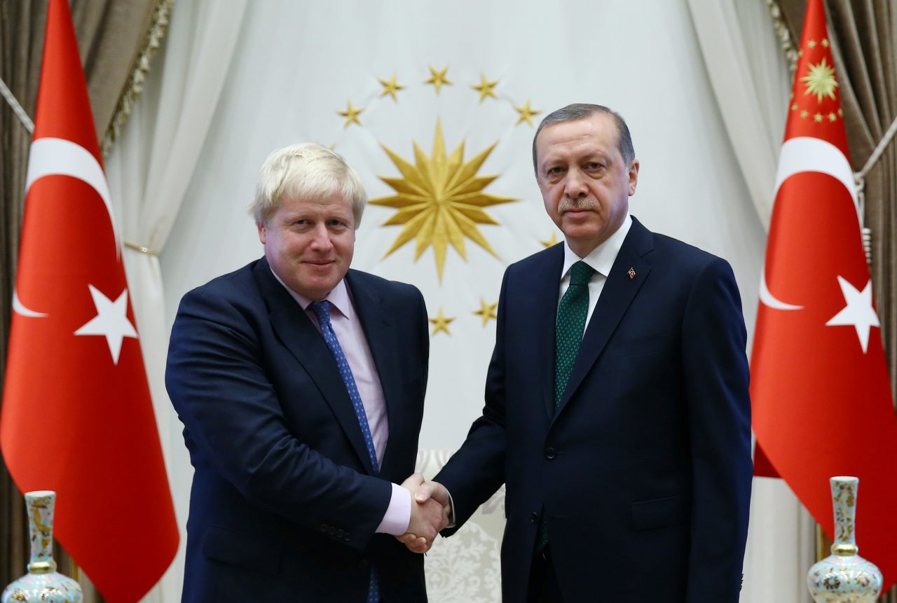 Turkish President Tayyip Erdogan meets with British Foreign Secretary Boris Johnson at the Presidential Palace in Ankara