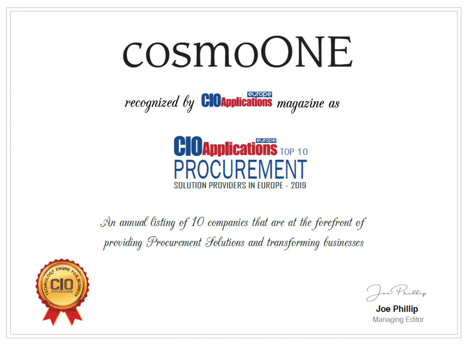 Η cosmoONE στους 10 καλύτερους Procurement Solution Providers της Ευρώπης για το 2019