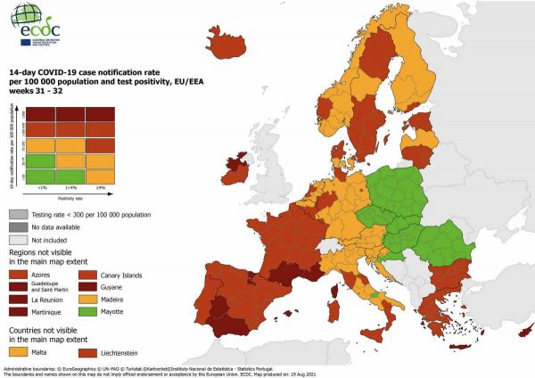 Χάρτης ECDC: Στο «κόκκινο» οι περισσότερες περιοχές της Ελλάδας και της νότιας Ευρώπης