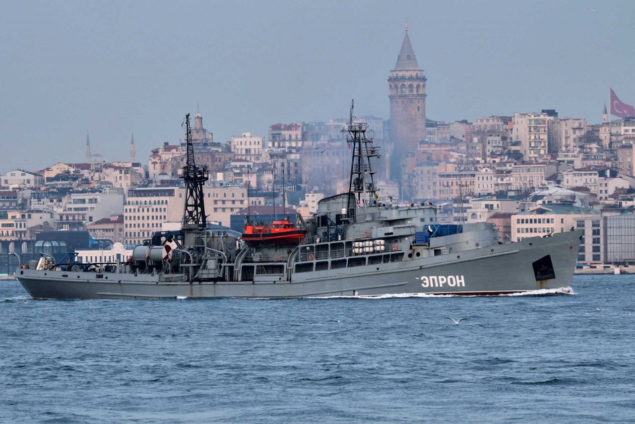ρωσικό πολεμικό πλοίο στα στενά του Βόσπορου μπροστά από την Κωνσταντινούπολη