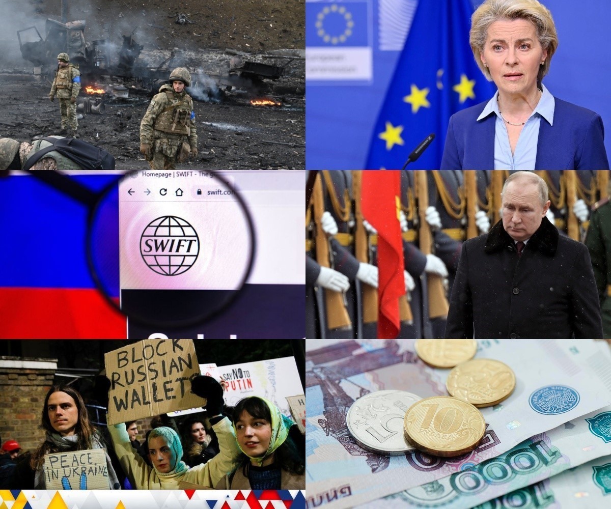 Κολάζ Ουκρανία, ΕΕ, Πούτιν, SWIFT, ρούβλι
