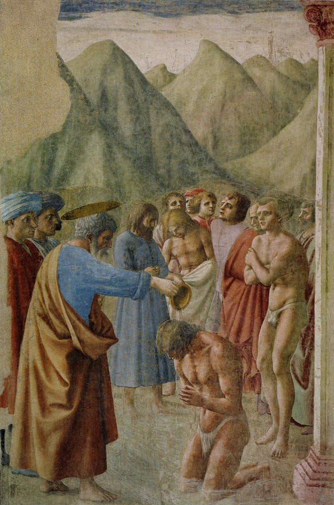 Τοιχογραφία του Μαζάτσο «Η βάπτιση του Νεόφυτου» στην οποία βασίστηκε η μελέτη γυμνού του Μιχαήλ Άγγελου