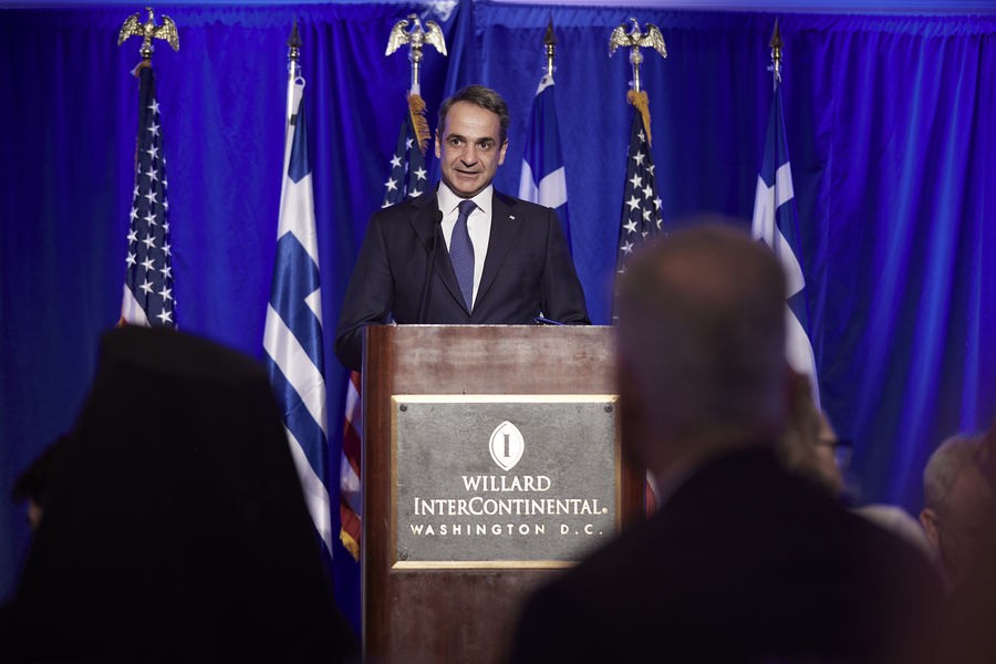 Ο πρωθυπουργός Κυριάκος Μητσοτάκης μιλά σε δείπνο με εκπροσώπους ελληνοαμερικανικών οργανώσεων, στην Ουάσινγκτον, την Τρίτη 17 Μαΐου 2022.