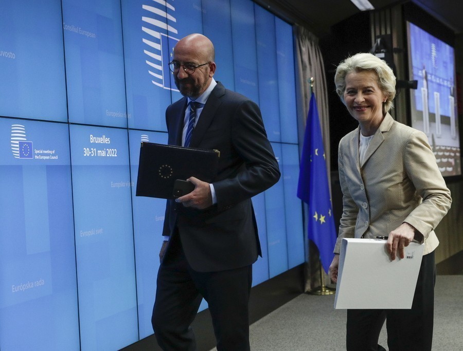 European Council President Charles Michel (L) and President of Commission Ursula von der Leyen (R), at the end of second day of Special European Summit on Ukraine at the European Council, in Brussels, Belgium, 31 May 2022.