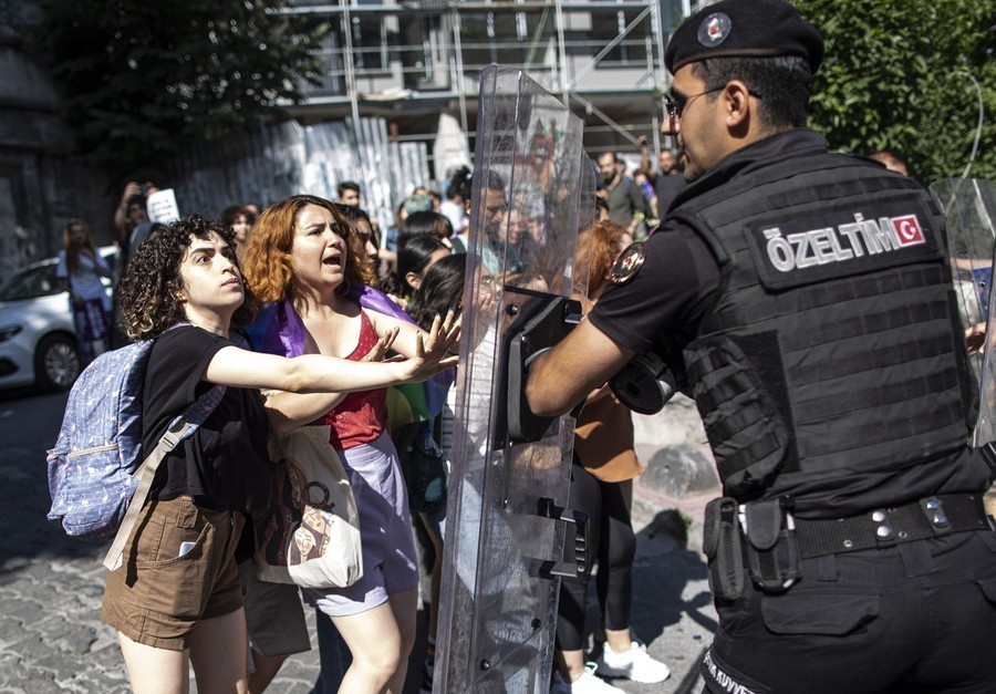 Turkish police blocks the march of members and supporters of the LGBT (lesbian, gay, bisexual, transgender) communityduring the ​Istanbul Pride March, in Istanbul, Turkey, 26 June 2022.
