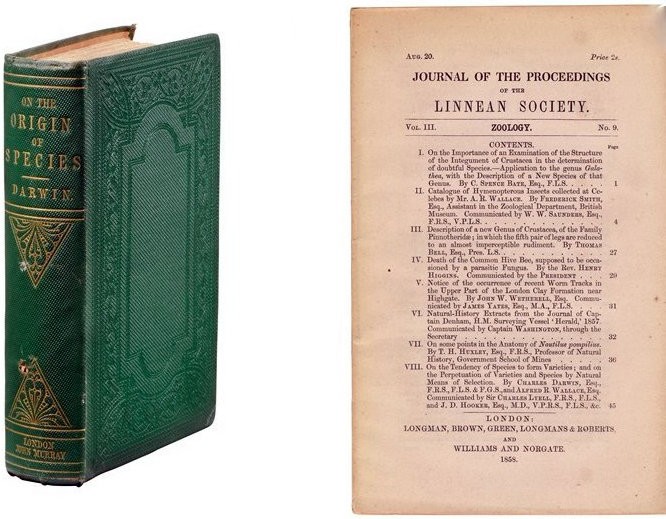 Εκδοση του 1859 «Περί της καταγωγής των ειδών» του Κάρολου Δαρβίνου και το εξώφυλλο της εφημερίδας «Linnean Society» το 1858
