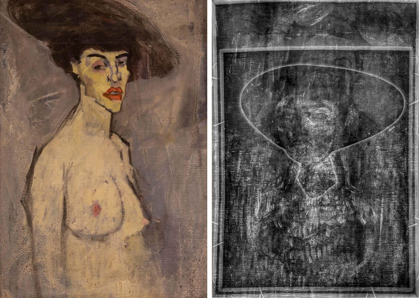 Αριστερά το έργο του Μοντιλιάνι «Γυμνή με ένα καπέλο» και δεξιά τα σχέδια ενός προσώπου, κάτω από τον πίνακα