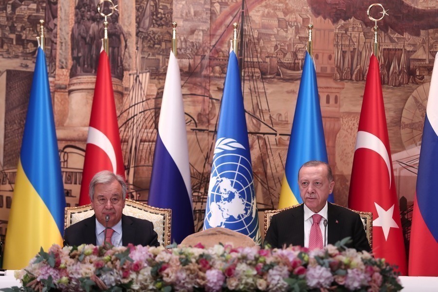 Turkish President Recep Tayyip Erdogan (R) and UN Secretary-General Antonio Guterres (L) attend a signing ceremony of the grain shipment agreement between Turkey-UN, Russia and Ukraine, after their meeting in Istanbul, Turkey, 22 July 2022. According to the agreement, a coordination center will be established to carry out joint inspections at the ports and ensure route security.