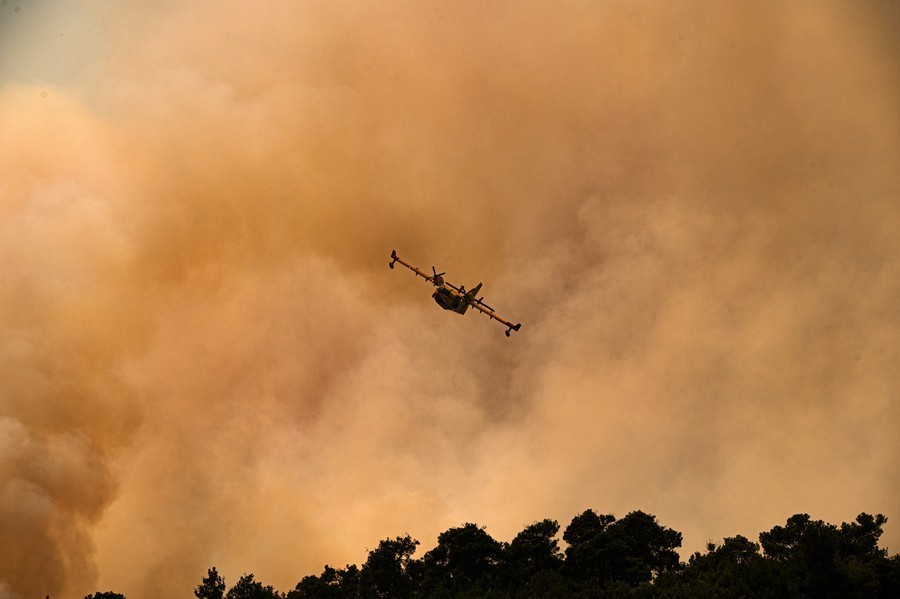 Πυροσβεστικό αεροσκάφος συμμετέχει στην επιχείριση κατάσβεσης της μεγάλης πυρκαγιάς πουν μαίνεται για τέταρτη ημέρα στο Εθνικό Πάρκο Δαδιάς, στον Έβρο,