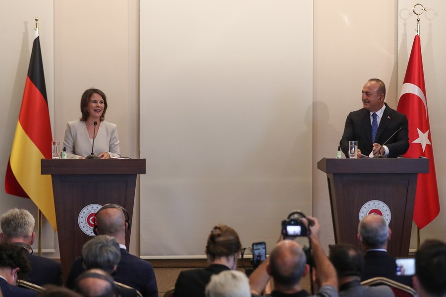 Turkish Minister of Foreign Affairs Mevlut Cavusoglu (R) and German Foreign Minister Annalena Baerbock (L) attend their press conference in Istanbul
