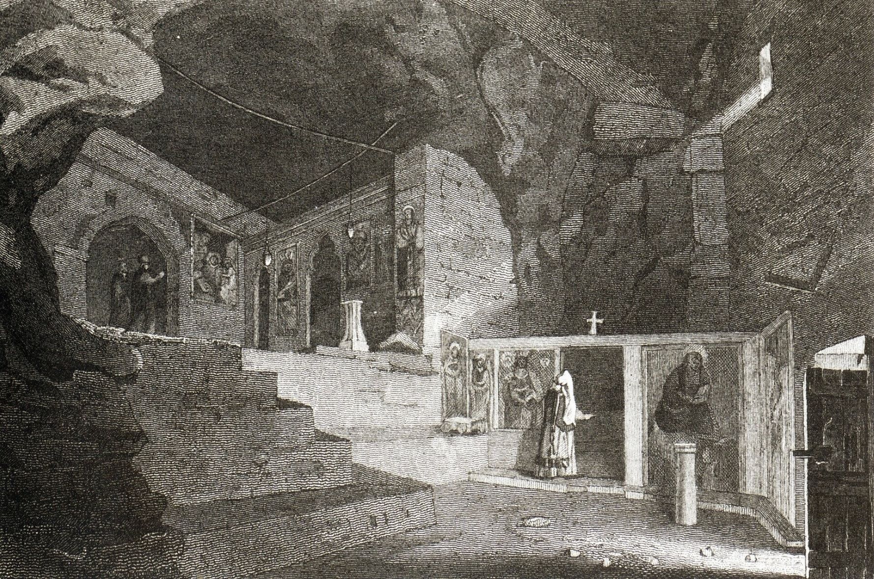 Χαλκογραφία με άποψη του εσωτερικού του σπηλαίου της Παναγίας της Σπηλιώτισσας 