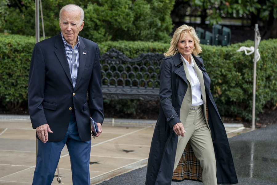 President Joe Biden and First Lady Jill Biden walk to board Marine One on the South Lawn of the White House in Washington, DC, USA, 05 October 2022. President Biden and the First Lady are traveling to Florida for a briefing and to tour the damage left in the wake of hurricane Ian.