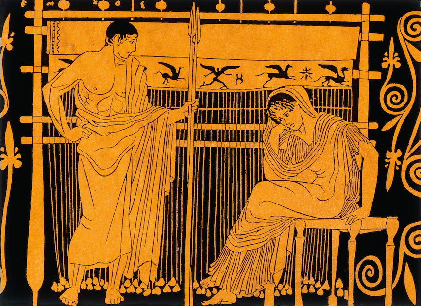 Η Πηνελόπη μπροστά στον αργαλειό της υφαίνει περιμένοντας την επιστροφή του Οδυσσέα. Από αγγείο του 440 π.Χ.