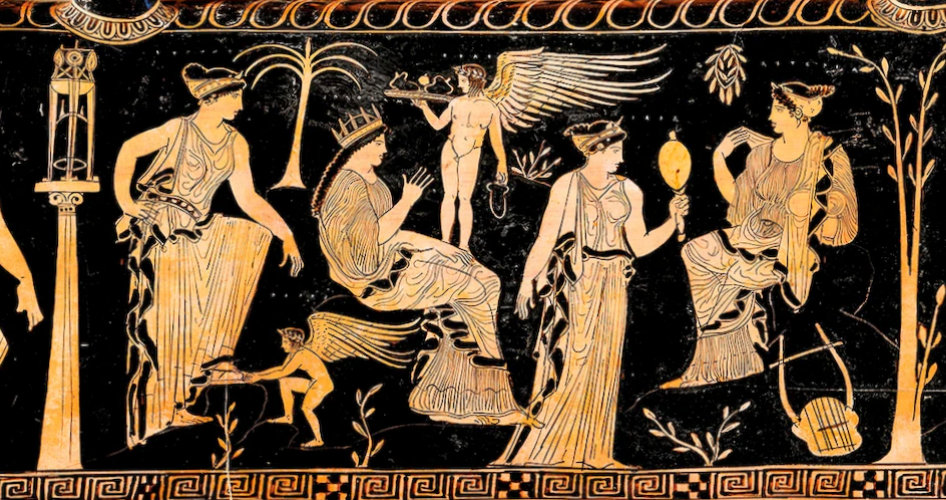 Σκηνή γάμου σε αμφορέα του 425 π.Χ. Οι συνοδοί προετοιμάζουν την εστεμμένη νύφη ενώ ο θεός Έρως στέκεται πίσω της