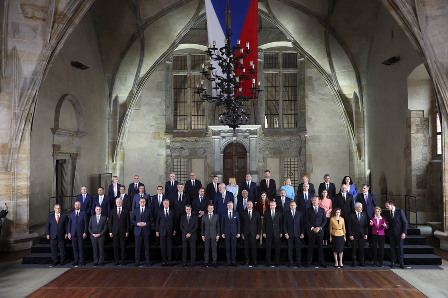 Family photo during the Meeting of the European Political Community in Prague, Czech Republic, 06 October 2022. The first meeting of the European Political Community brings together leaders from across the continent including non EU members countries with the aims to foster political dialogue and cooperation and to strengthen the continent's security, stability and prosperity, a statement by the European Council reads.