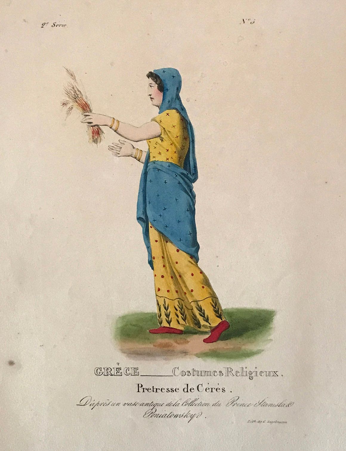 Ιέρεια της Δήμητρας. Επιχρωματισμένη ξυλογραφία από το λεύκωμα COSTUMES DE LA GRECE ANTIQUE, Παρίσι 1826 (Συλλογή Γιώργου Παυλόπουλου)