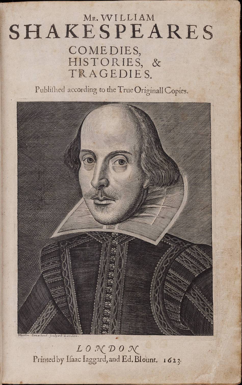 Εξώφυλλο της έκδοσης του 1623 με έργα του Σαίξπηρ. Χαλκογραφία του Μάρτιν Ντρέσαουτ 