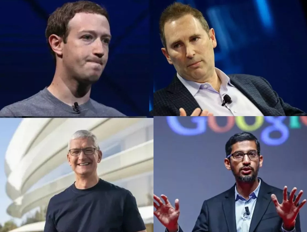 Oι Big Tech. Πάνω: Mark Zuckerberg (Meta), Andy Jassy (Amazon), Κάτω: Tim Cook, CEO Apple, Sundar Pichai,( Alphabet)