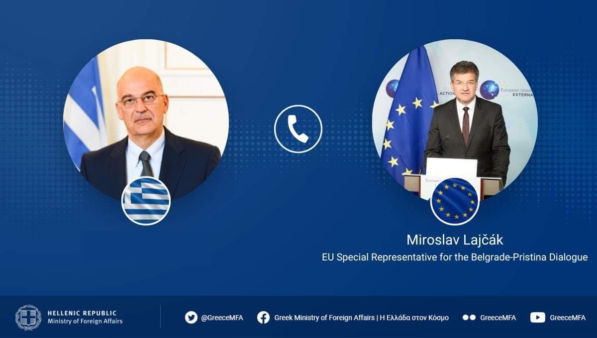 ο Νίκος Δένδιας είχε τηλεφωνική επικοινωνία με τον ειδικό εκπρόσωπο της ΕΕ για τον Διάλογο Βελιγραδίου - Πρίστινας, Μίροσλαβ Λάϊτσακ (Miroslav Lajčák).