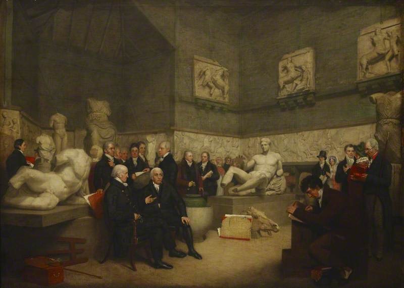 Πίνακας που απεικονίζει τα Γλυπτά σε μία προσωρινή αίθουσα του Βρετανικού Μουσείου, παρουσία του προσωπικού, του διαχειριστή και επισκεπτών το 1819