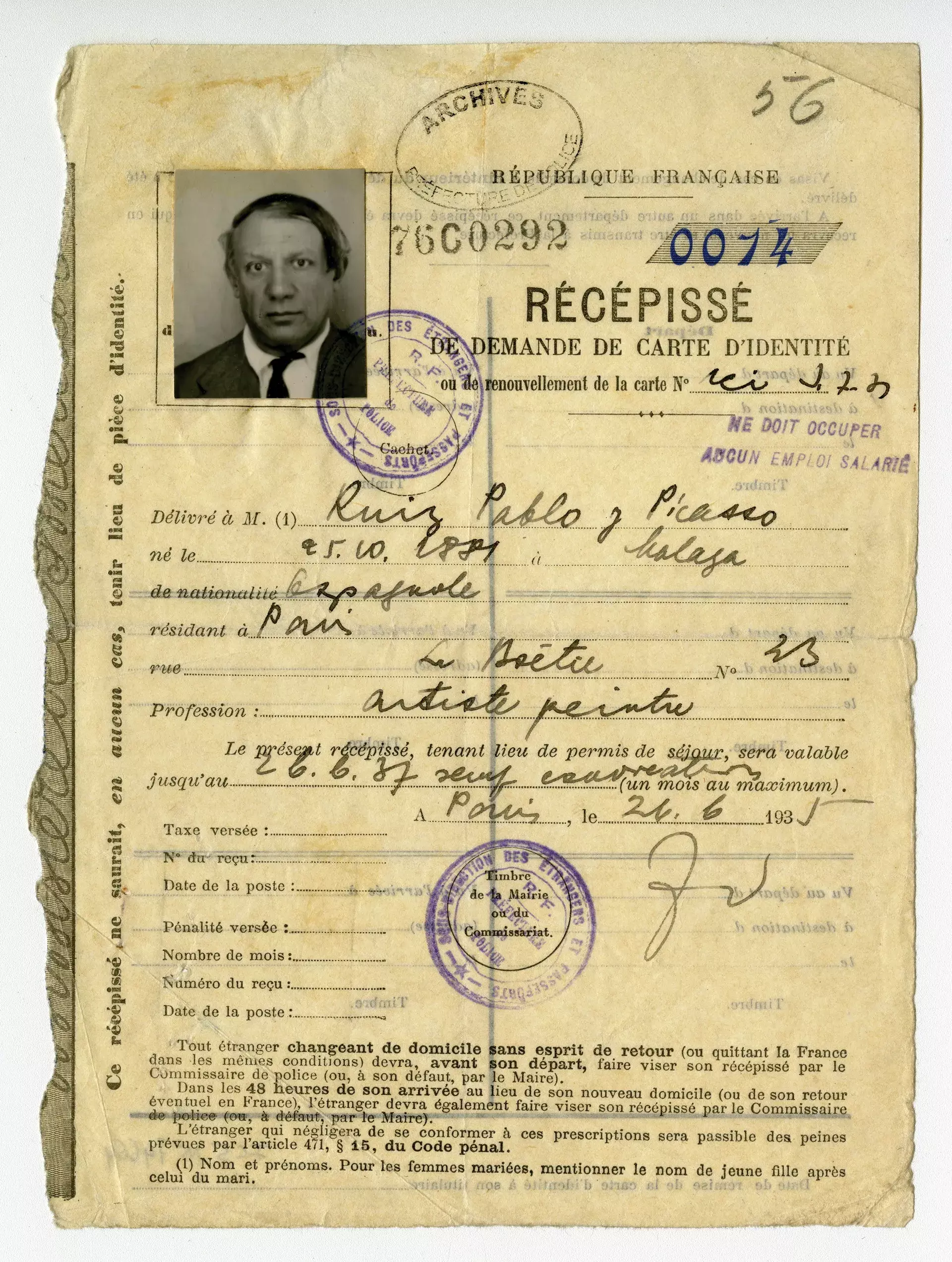 Το επίσημο έγγραφο με την ταυτότητα του Πικάσο ως αλλοδαπού στο Παρίσι, το 1935. Αρχεία Αστυνομικής Νομαρχίας Παρισιού