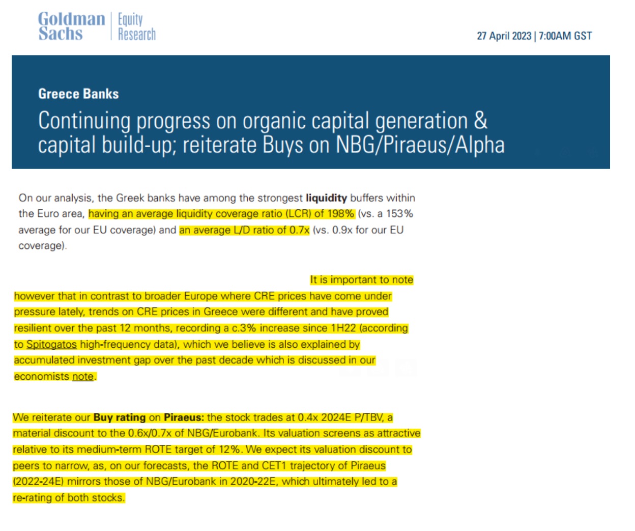 goldman sachs ρεπορτ για ελληνικες τραπεζες