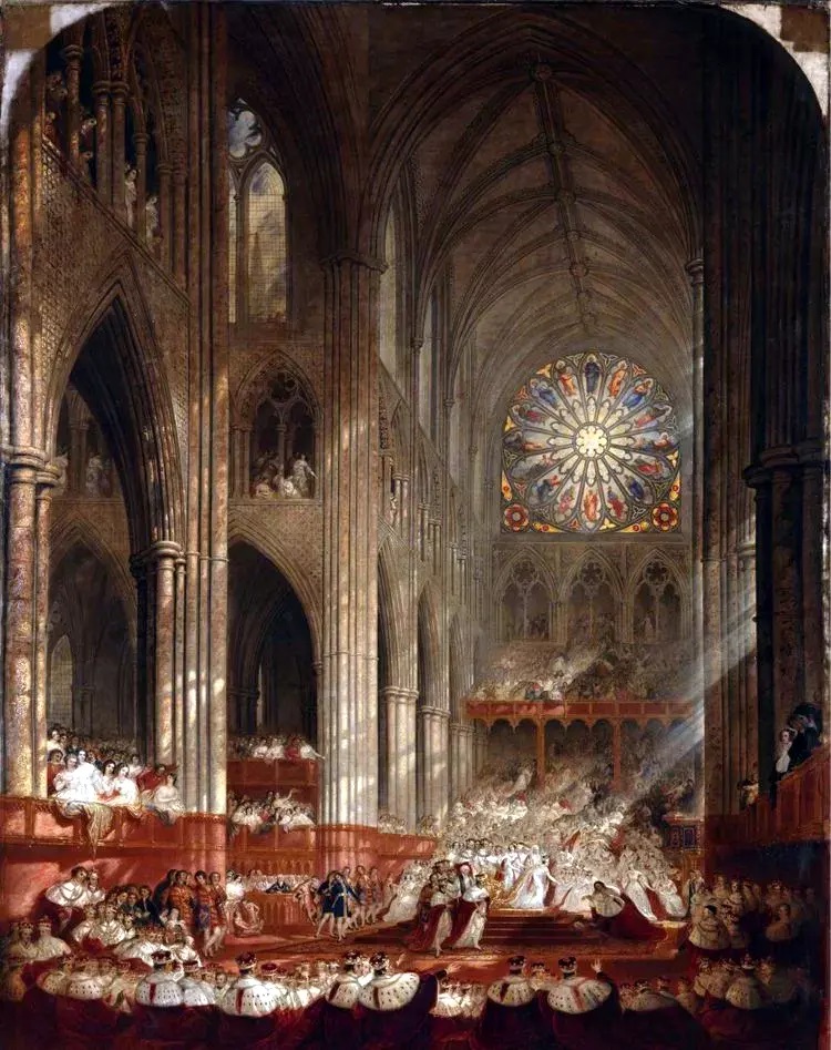 Πίνακας του Τζον Μάρτιν που απεικονίζει τη στέψη της Βικτώριας. Ο Λόρδος Ρολ, που πέφτει, καθώς ανεβαίνει τα σκαλιά του θρόνου απεικονίζεται κάτω δεξιά.