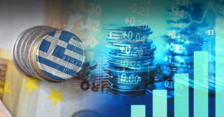 Εικονα με νομίσματα και την ελληνική σημαία που αντιπροσωπεύει την οικονομία της Ελλάδας