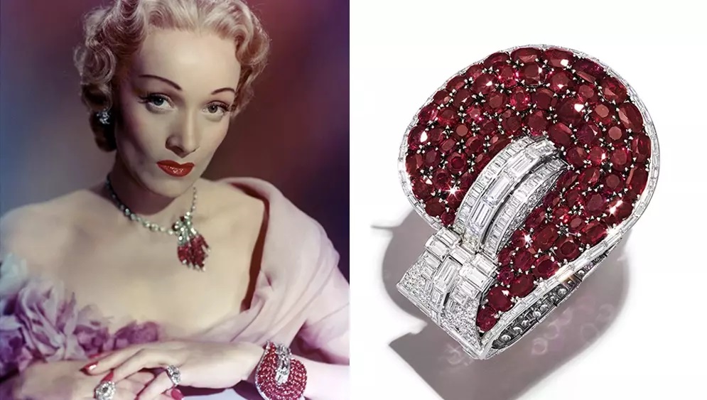 Η Μάρλεν Ντίτριχ φορώντας το εντυπωσιακό κόσμημα με ρουμπίνια και διαμάντια