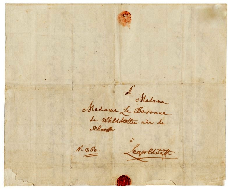 Το φύλλο της επιστολής προς τη βαρόνη Μάρθα Ελίζαμπεθ φον Βαλντστάτεν με την διεύθυνση και το υπόλειμμα μιας σφραγίδας σε κόκκινο κερί 