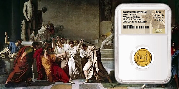 Το χρυσό νόμισμα «Ειδοί του Μαρτίου» στην θήκη του και ο πίνακας του Βιτσέντσο Καμουτσίνι «Ο θάνατος του Ιούλιου Καίσαρα» (1806)