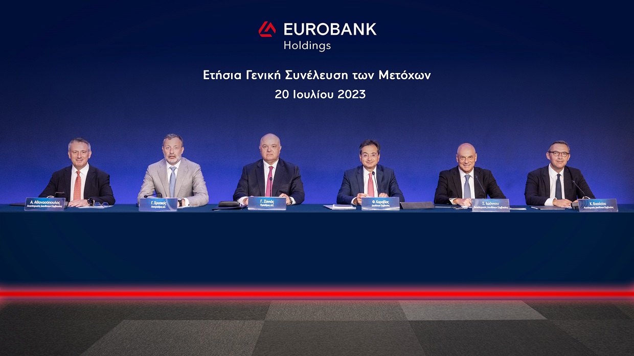 Ο Φωκίων Καραβίας, Διευθύνων Σύμβουλος της Τράπεζας Eurobank και ο Γεώργιος Ζανιάς, Πρόεδρος του Διοικητικού Συμβουλίου της Eurobank μιλάνε στην ετήσια γενική συνέλευση των μετόχων της Eurobank, Πέμπτη 20 Ιουλίου 2023/ ΑΠΕ-ΜΠΕ/EUROBANK/STR