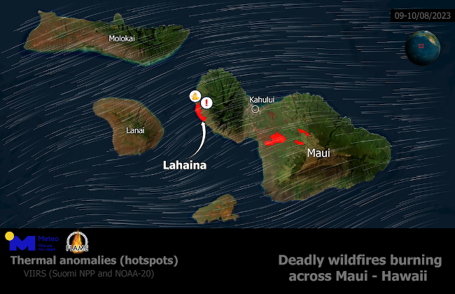 Εικόνα 2. Εστίες πυρκαγιάς όπως εντοπίστηκαν από δορυφόρους της NASA, σε περιοχές της νήσου Μάουϊ στη Χαβάη, κατά την χρονική περίοδο 9 και 10 Αυγούστου 2023. Πηγή δεδομένων: FIRMS/NASA
