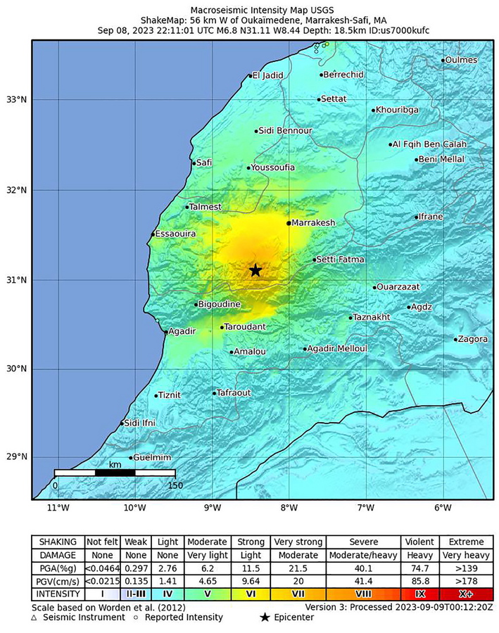 Χάρτης με το επίκεντρο του σεισμού του Μαρόκο 
