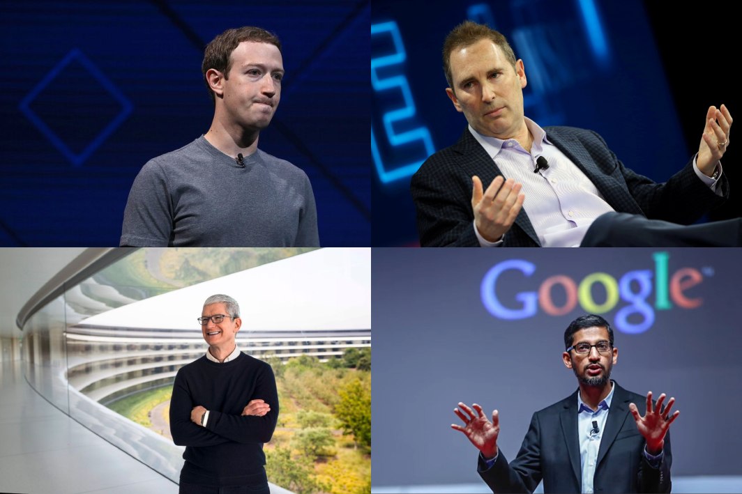 Oι Big Tech προχωρούν σε απολύσεις και πάγωμα προσλήψεων. Πάνω: Mark Zuckerberg (Meta), Andy Jassy (Amazon), Κάτω: Tim Cook, CEO Apple, Sundar Pichai,( Alphabet)