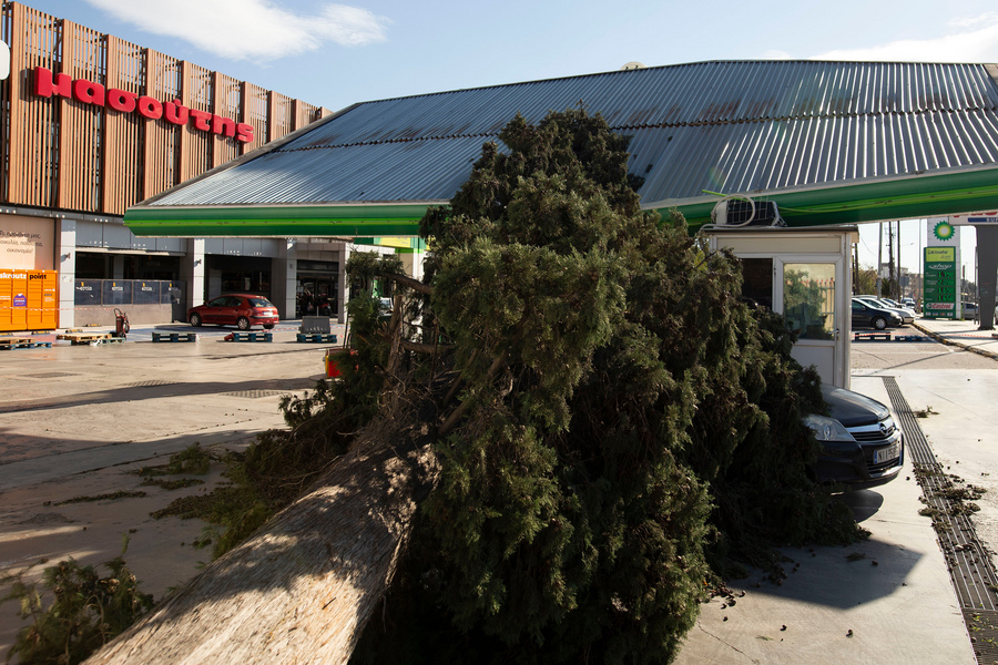 Ένα δέντρο έχει πέσει σε όχημα δίπλα από το στέγαστρο ενός βενζινάδικου στην οδό Λαγκάδα, που έχει πάρει κλίση από πτώση δέντρου λόγω των θυελλωδών ανέμων που πνέουν από το πρωί στην Θεσσαλονίκη , Σάββατο 18 Νοεμβρίου 2023. Προβλήματα προκλήθηκαν από τους ισχυρούς ανέμους που πνέουν από το πρωί στην περιοχή της Θεσσαλονίκης οι οποίοι φτάνουν έως τα 9 μποφόρ. ΑΠΕ-ΜΠΕ/ΑΠΕ-ΜΠΕ/ΑΧΙΛΛΕΑΣ ΧΗΡΑΣ