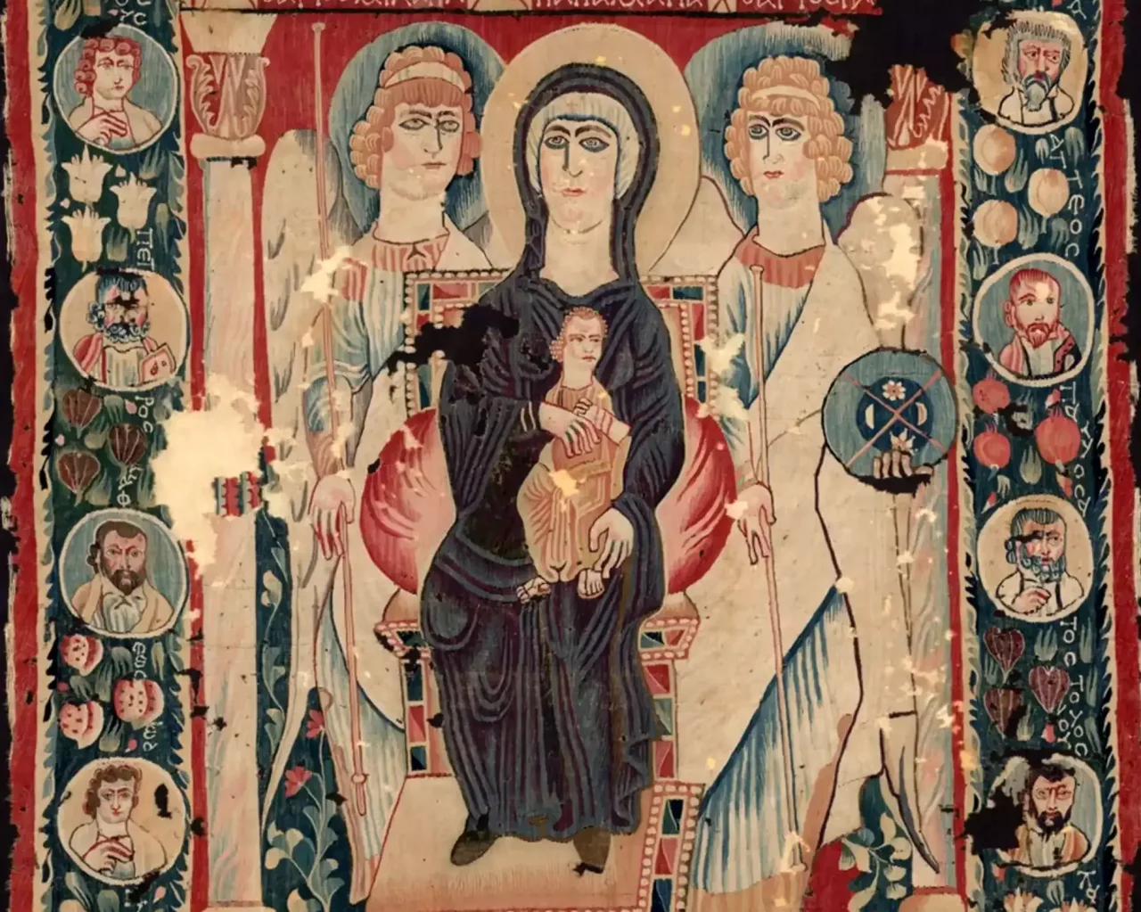Η Παναγία ένθρονη, βυζαντινή απεικόνιση σε ύφασμα του 6ου αιώνα. Από την Αίγυπτο