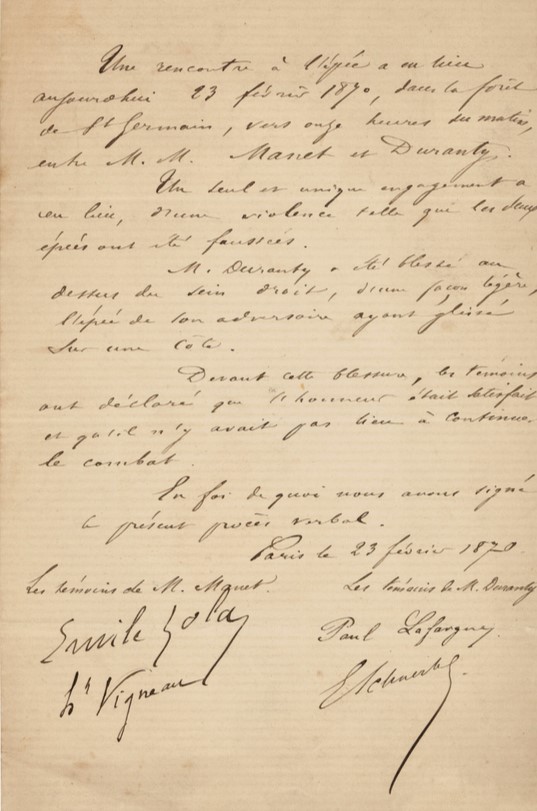 Υπογεγραμμένο από τον Εμίλ Ζολά, το επίσημο αρχείο της μονομαχίας μεταξύ Εντουάρ Μανέ και Εντμόν Ντουραντί, Παρίσι, 23 Φεβρουαρίου 1870