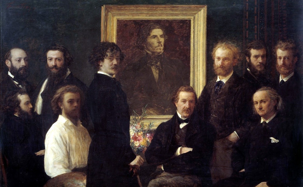 Ανρί Φαντέν-Λατούρ «Αφιέρωμα στον Ντελακρουά» (1864) με τον Μανέ στα δεξιά ακριβώς του πορτρέτου του Ντελακρουά και τον Ντουραντί αριστερά σε προφίλ. Μαζί απεικονίζονται μεταξύ άλλων ο Γουίστλερ, ο Μποντλέρ και ο Σανφλερί (Μια μονομαχία του Μανέ με μάρτυρα τον Εμίλ Ζολά)