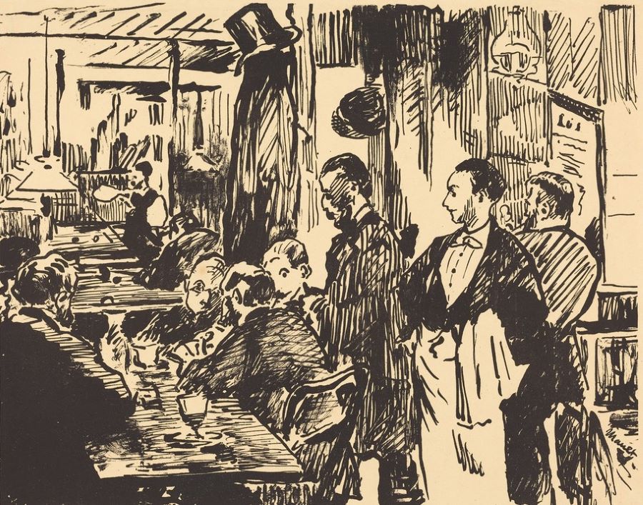 Εντουάρ Μανέ «Στο καφενείο» (1869). Απεικόνιση του Καφέ Γκερμπουά στο Παρίσι, χώρο συνάντησης των ιμπρεσιονιστών 