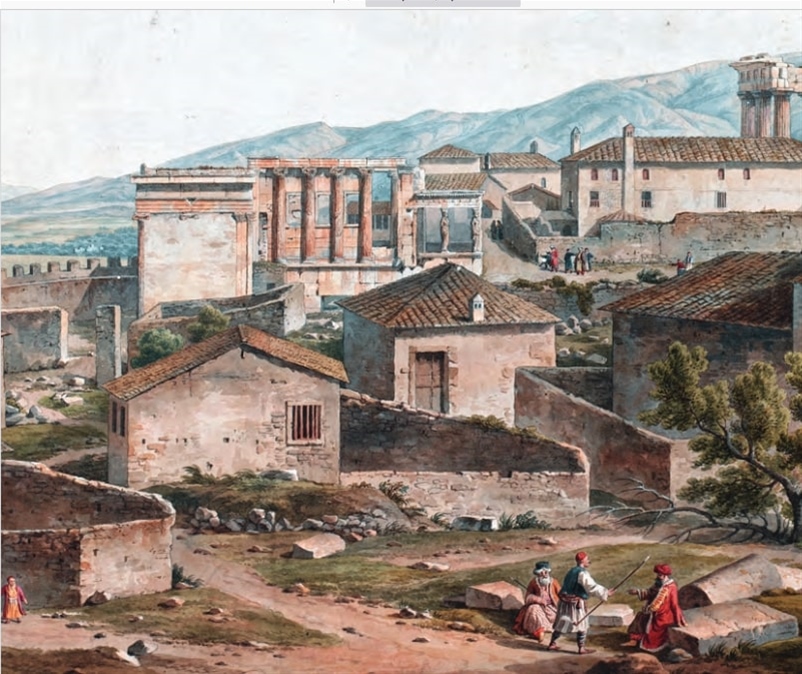 Η Ακρόπολη στη διάρκεια της Τουρκοκρατίας γεμάτη με σπίτια σε ζωγραφική απεικόνιση του Ντόντγουελ, το 1804