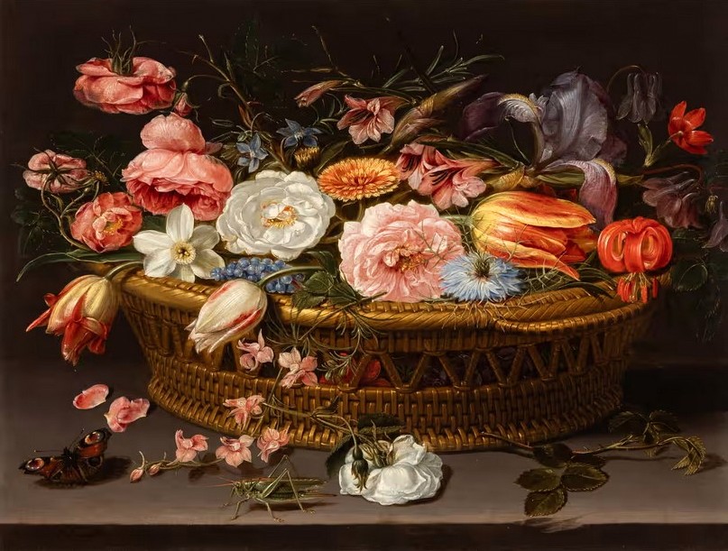 Πίνακας σε χαλκό της φλαμανδής ζωγράφου Κλάρα Πίτερς με άνθη, μία πεταλούδα και έναν γρύλο (περ. 1615)