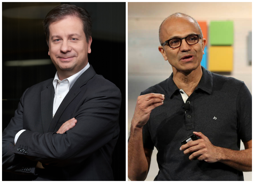 O CFO της Vodafone, Λούκα Μούτσιτς (αριστερά) και ο Σάτια Ναντέλα, CEO Microsoft (δεξιά)