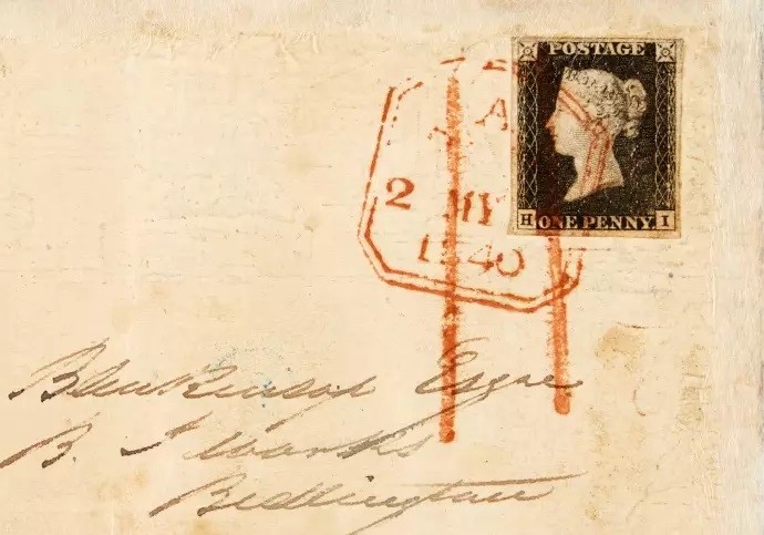 Το πρώτο γραμματόσημο «Penny Black» της μιας δεκάρας σε φύλλο επιστολής, 1840