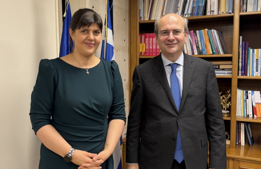 Η Ευρωπαία Γενική Εισαγγελέας Laura Corduta Kovesi με τον υπουργό Εθνικής Οικονομίας και Οικονομικών, Κωστή Χατζηδάκη