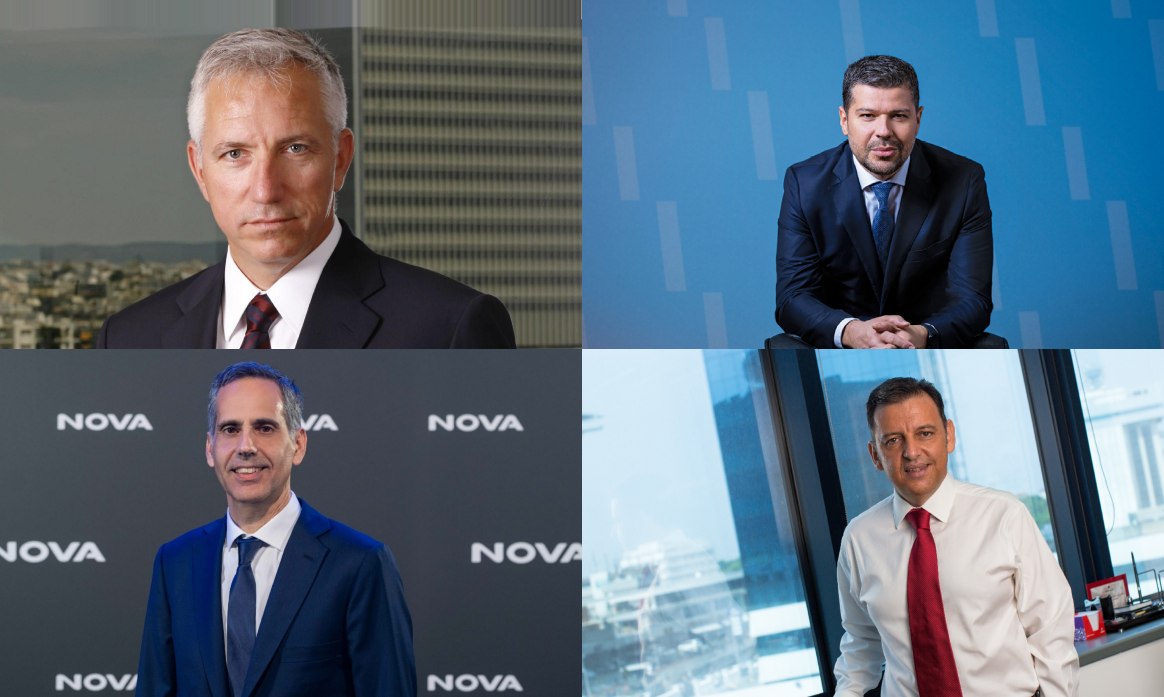 Ο CEO του ΟΤΕ Μιχάλης Τσαμάζ, ο πρόεδρος και CEO της ΔΕΗ, Γιώργος Στάσσης, ο CEO της NOVA, Παναγιώτης Γεωργιόπουλος και ο Πρόεδρος και CEO της Vodafone Ελλάδος, Χάρης Μπρουμίδης