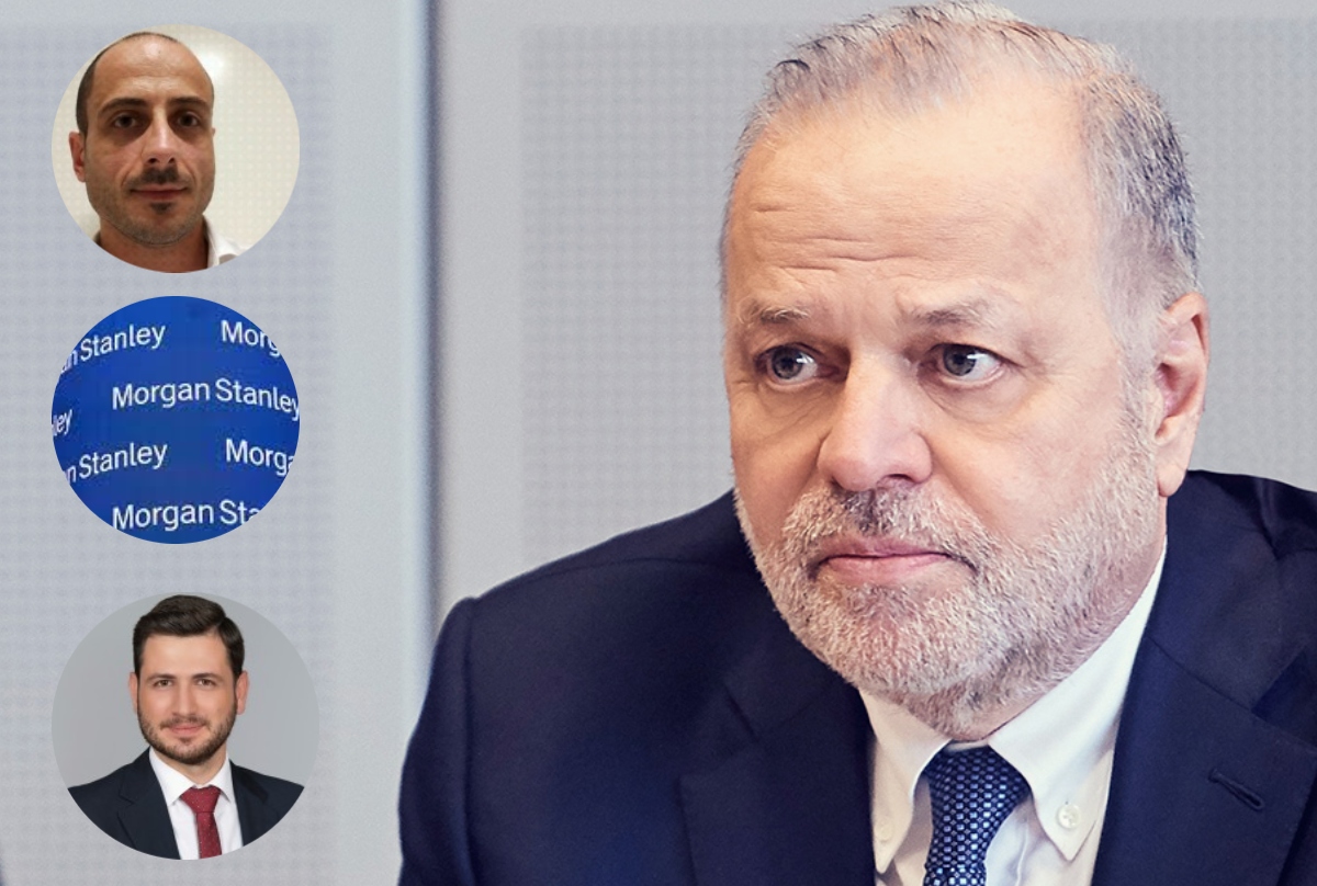 Οι αναλυτές Νέστορας Κάτσιος Optima Bank (πάνω), Ιωάννης Μασβουλιάς της Morgan Stanley και Νίκος Αθανασούλιας της Eurobank Equities (κάτω), σχολιάζουν τη στρατηγική συμφωνία μεταξύ της Mytillineos, του Ευάγγελου Μυτιληναίου (δεξιά), με την ΔΕΗ