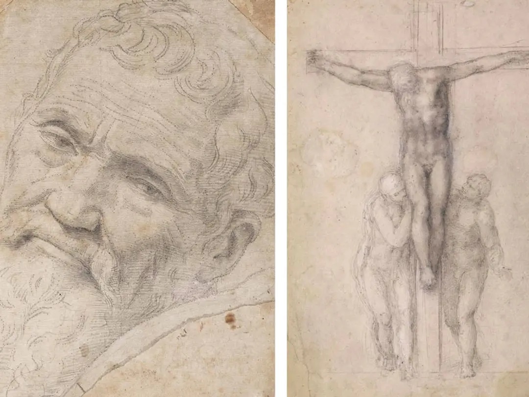Πορτρέτο του Μιχαήλ Άγγελου από τον Ντανιέλε ντα Βολτέρα και δεξιά «Ο Χριστός στον Σταυρό» (1538-41) του Μιχαήλ Άγγελου